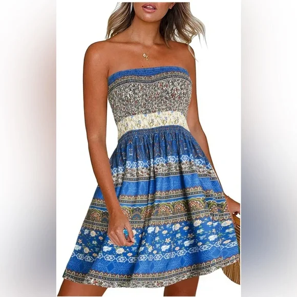 STRAPLESS BOHO FLORAL PRINT SUMMER DRESS - Picture 1 of 8